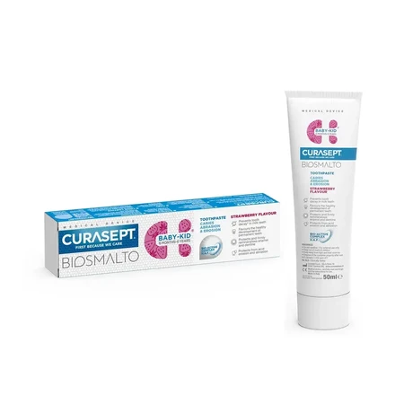 Pasta de dinti cu fluor aroma de capsuni usor mentolata 6 luni - 6 ani Biosmalto Baby-Kid, 50 ml, Curasept