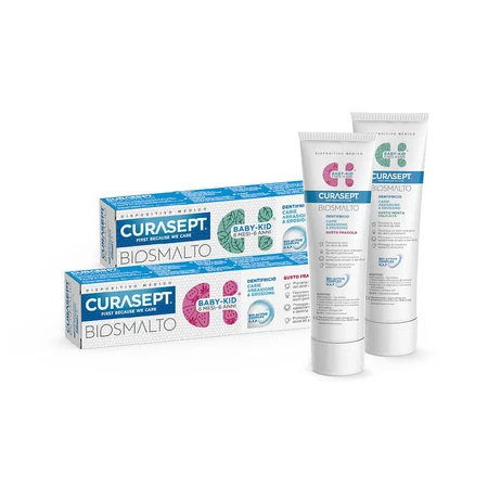 Pasta de dinti cu fluor aroma de capsuni usor mentolata 6 luni - 6 ani Biosmalto Baby-Kid, 50 ml, Curasept