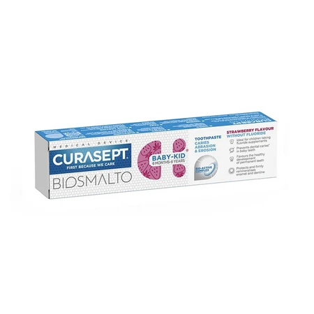 Pasta de dinti cu fluor aroma de capsuni usor mentolata 6 luni - 6 ani Biosmalto Baby-Kid, 50 ml, Curasept
