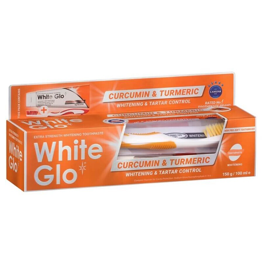 White Glo Curcumin und Kurkuma Zahnpasta + Zahnbürste, 150g, Barros Laboratories