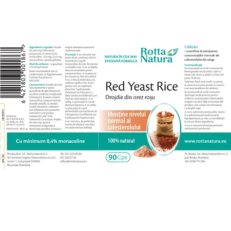 Drojdie din orez roșu 635 mg Red Yeast Rice, 90 capsule, Rotta Natura