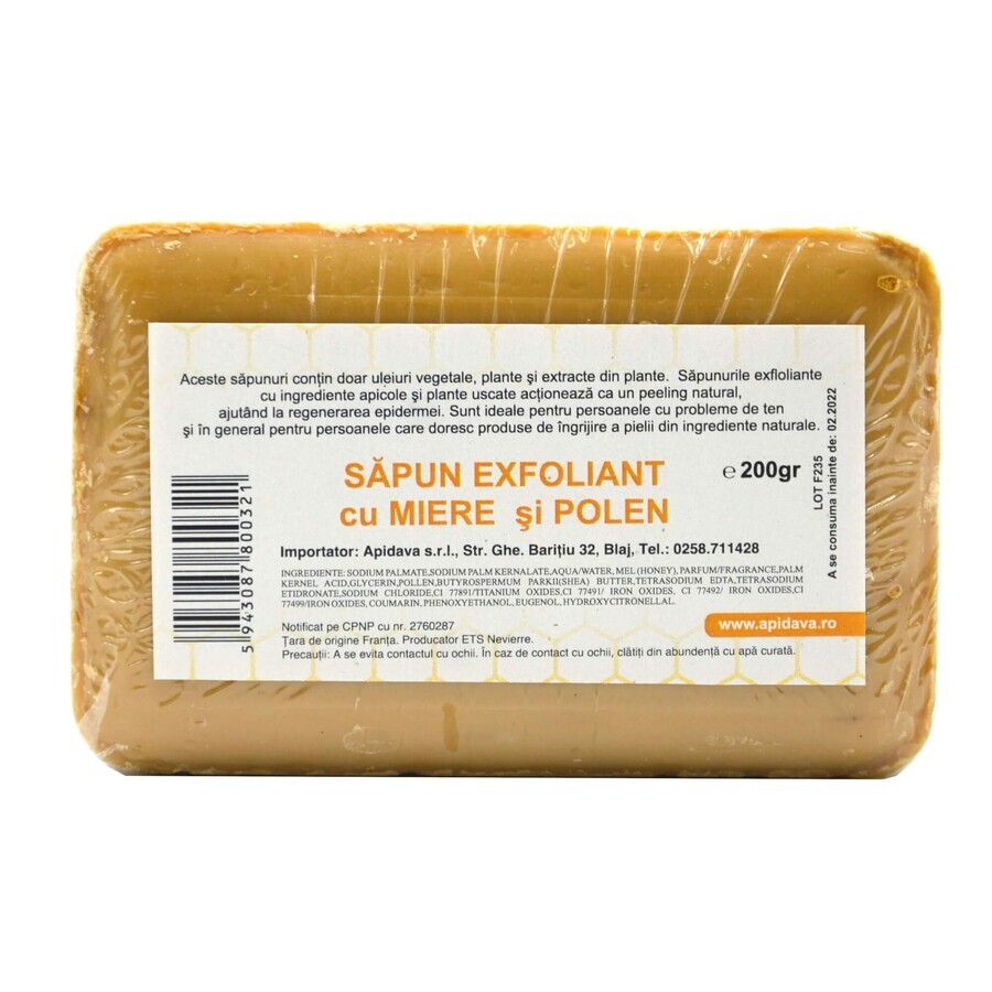 Sapun exfoliant cu miere si polen, 200 g, Apidava