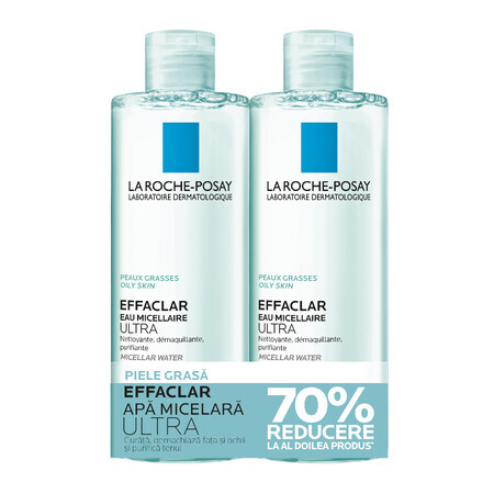 Apă micelară pentru pielea grasă cu tendință acneică Effaclar Ultra, 400 + 400 ml, La Roche-Posay (70% reducere la al doilea produs)