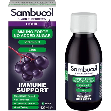 Zuckerfreier Sirup mit schwarzem Holunder, Vitamin C und Zink Immuno Forte, 120 ml, Sambucol