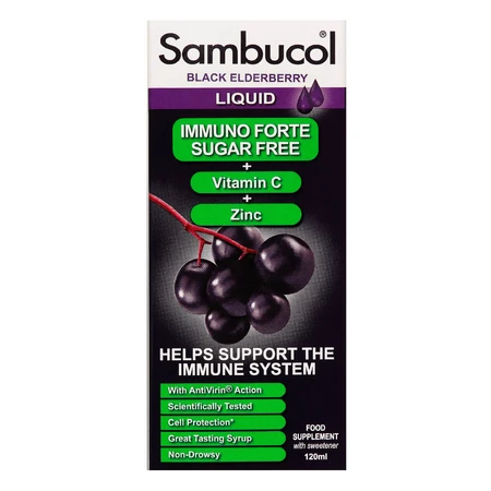 Zuckerfreier Sirup mit schwarzem Holunder, Vitamin C und Zink Immuno Forte, 120 ml, Sambucol