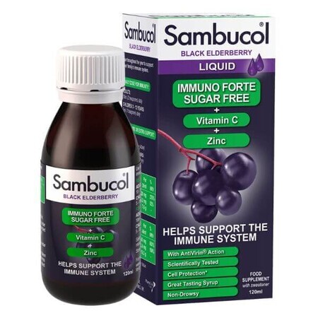 Zuckerfreier Sirup mit schwarzem Holunder, Vitamin C und Zink Immuno Forte, 120 ml, Sambucol