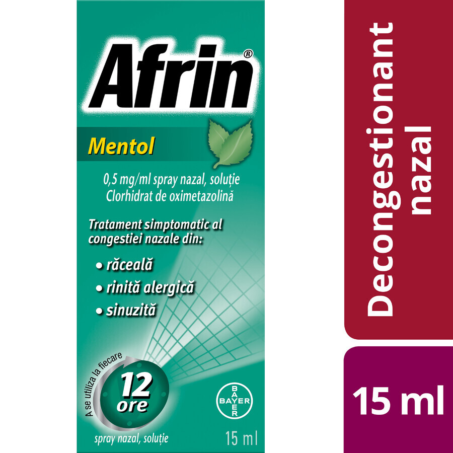 Afrin Menthol 0,5mg/ml No Drip, Nasenspray mit Dosierpumpe - Schnelle Behandlung von verstopfter Nase - 15ml