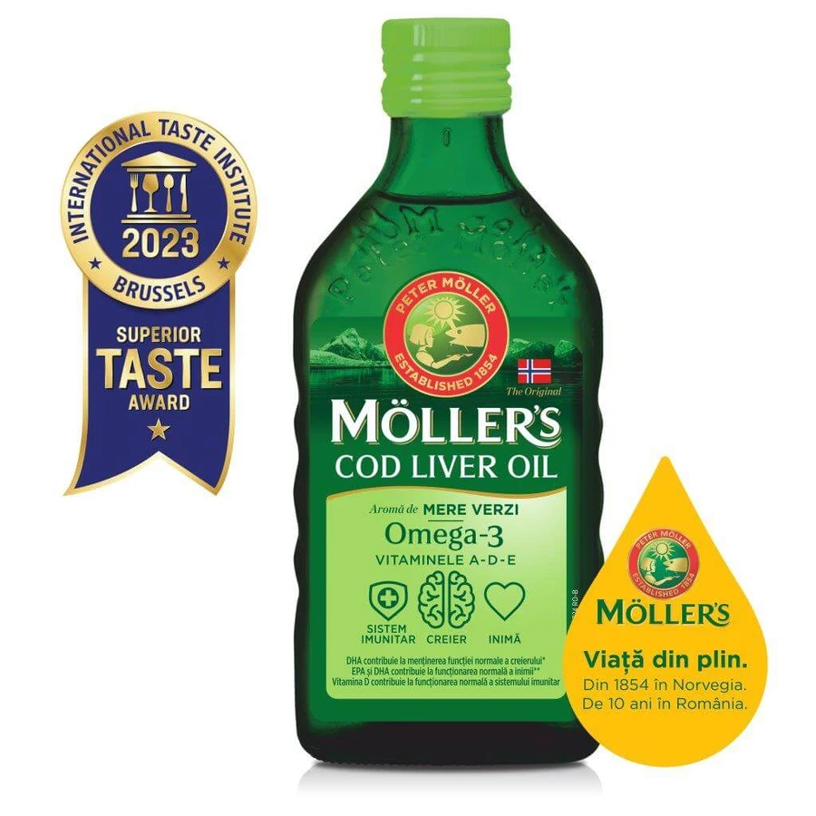 Ulei din ficat de cod cu aromă de mere verzi, 250 ml, Möller’s