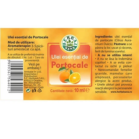 Ulei esenţial de portocale 100% pur, 10 ml, Herbavit