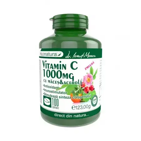 Vitamina C 1000 mg Zmeura cu maceșe și acerola, 100 comprimate, Pro Natura