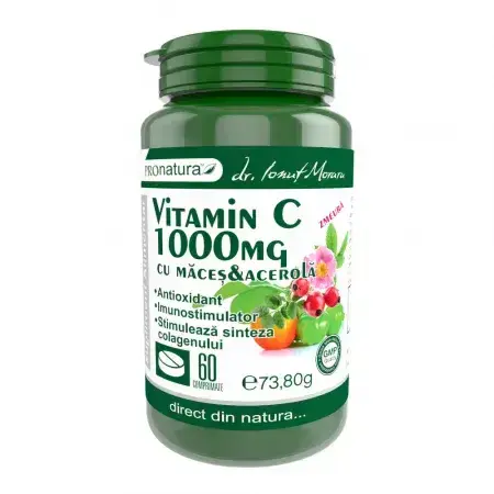 Vitamina C 1000mg cu maceșe și acerola cu zmeură, 60 comprimate, Pro Natura