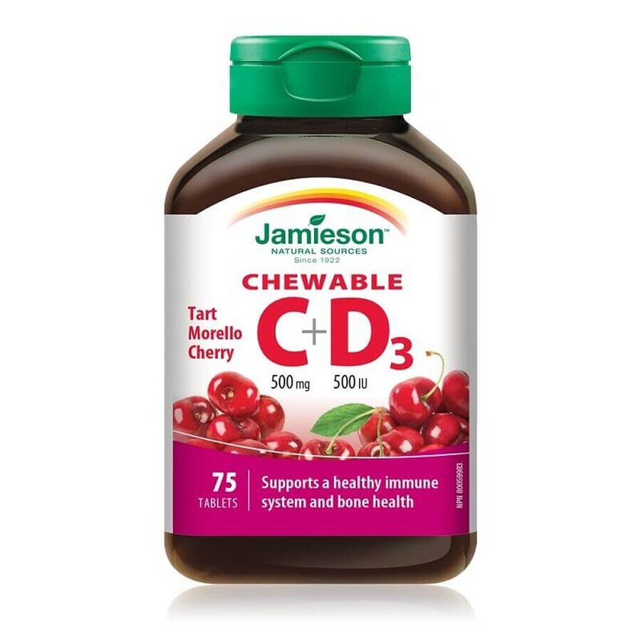 Vitamin C 500 mg + Vitamin D3 500 IU mit Kirschgeschmack, 75 Kautabletten, Jamieson Bewertungen