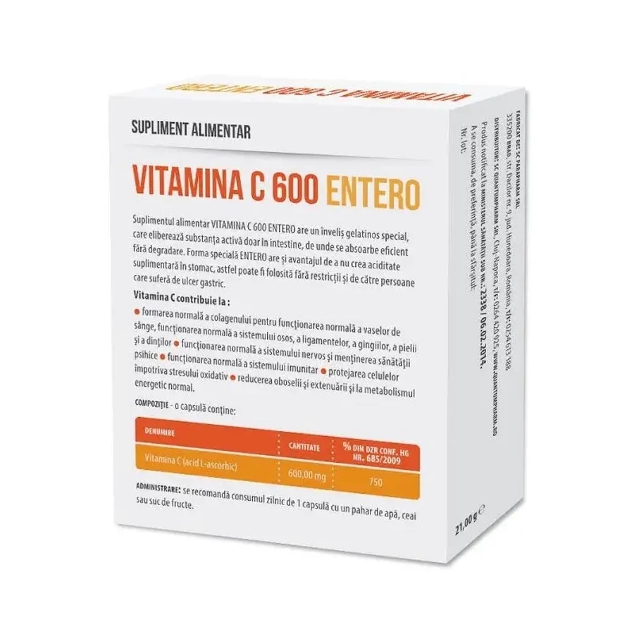 Vitamina C Entero 600mg, 30 capsule, Parapharm
