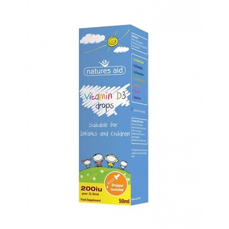 Vitamina D3 picături pentru bebeluși și copii, 50 ml, Natures Aid