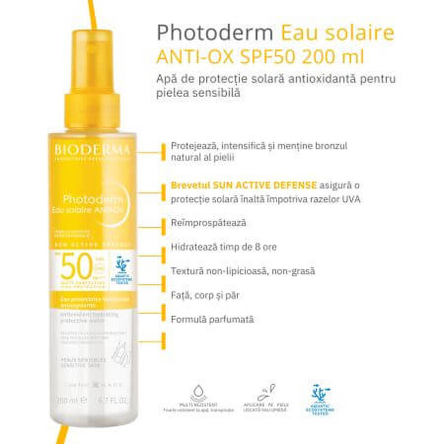 Apa cu protectie solara SPF 50 pentru piele sensibila Photoderm Anti-Ox, 200 ml, Bioderma