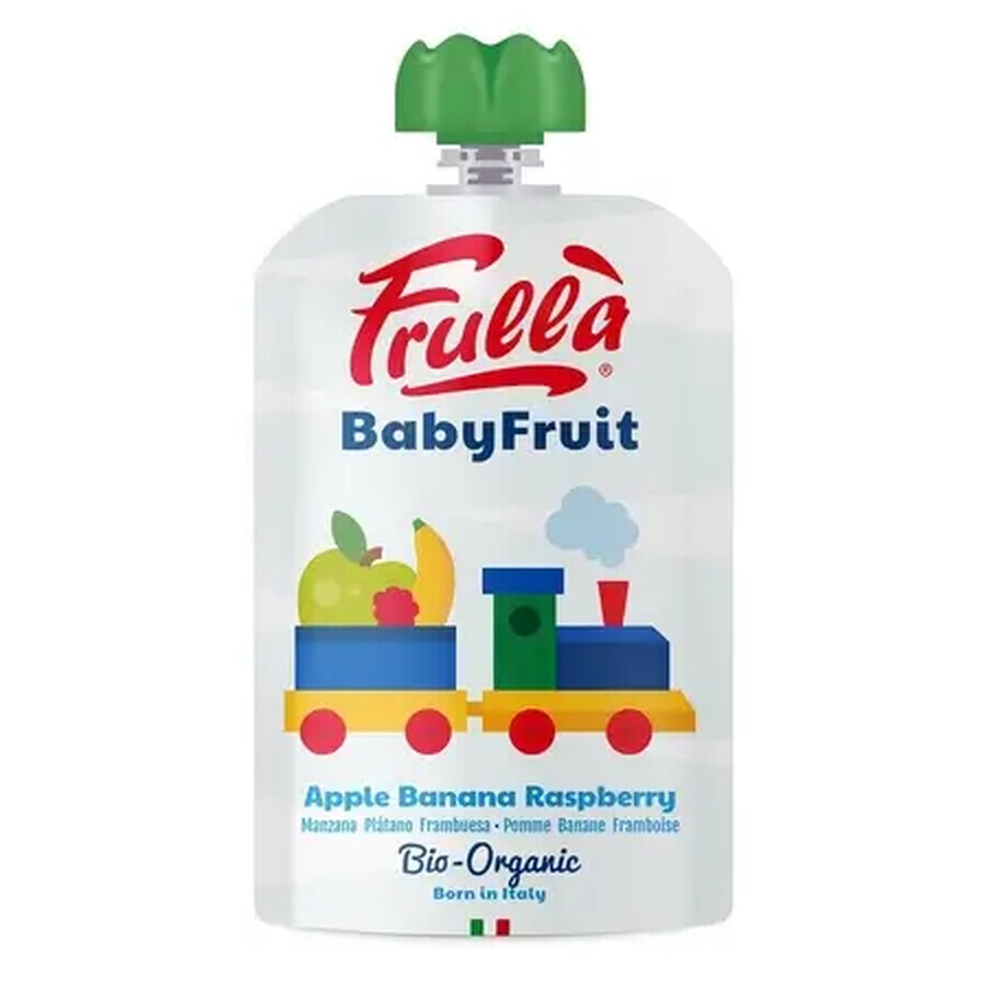 Baby organic apple, banana and raspberry puree for children, 100 g, Frulla