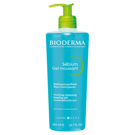 Bioderma Sebium Gel Moussant, Gel de curățare facială antibacteriană, ten mixt și cu tendință acneică, 500 ml
