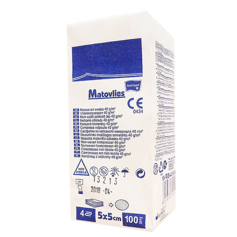 Matovat Matovlies, non-sterile compresses, non-woven, 4 layers, 40 g/m2, 5 cm x 5 cm, 100 pieces