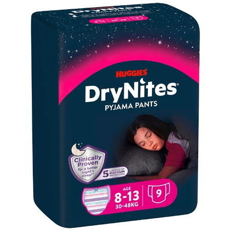 Assorbenti per la notte DryNites per ragazze, 8-13 anni 30-48 kg 9 pezzi