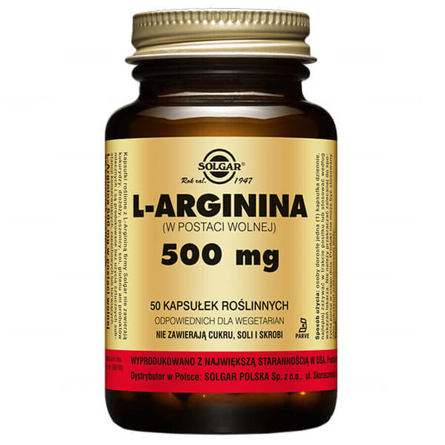 Solgar L-Arginine, 500 mg, 50 vegetable capsules