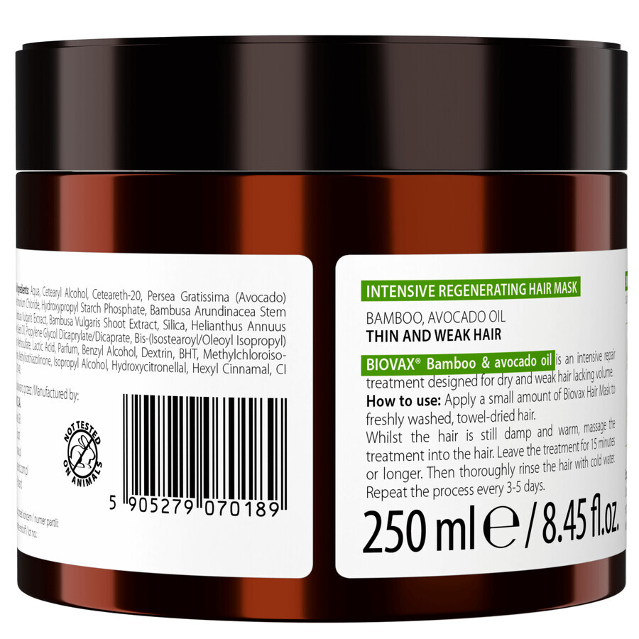 Biovax, Intensive regenerating mask, bamboo and avocado oil, 250 ml