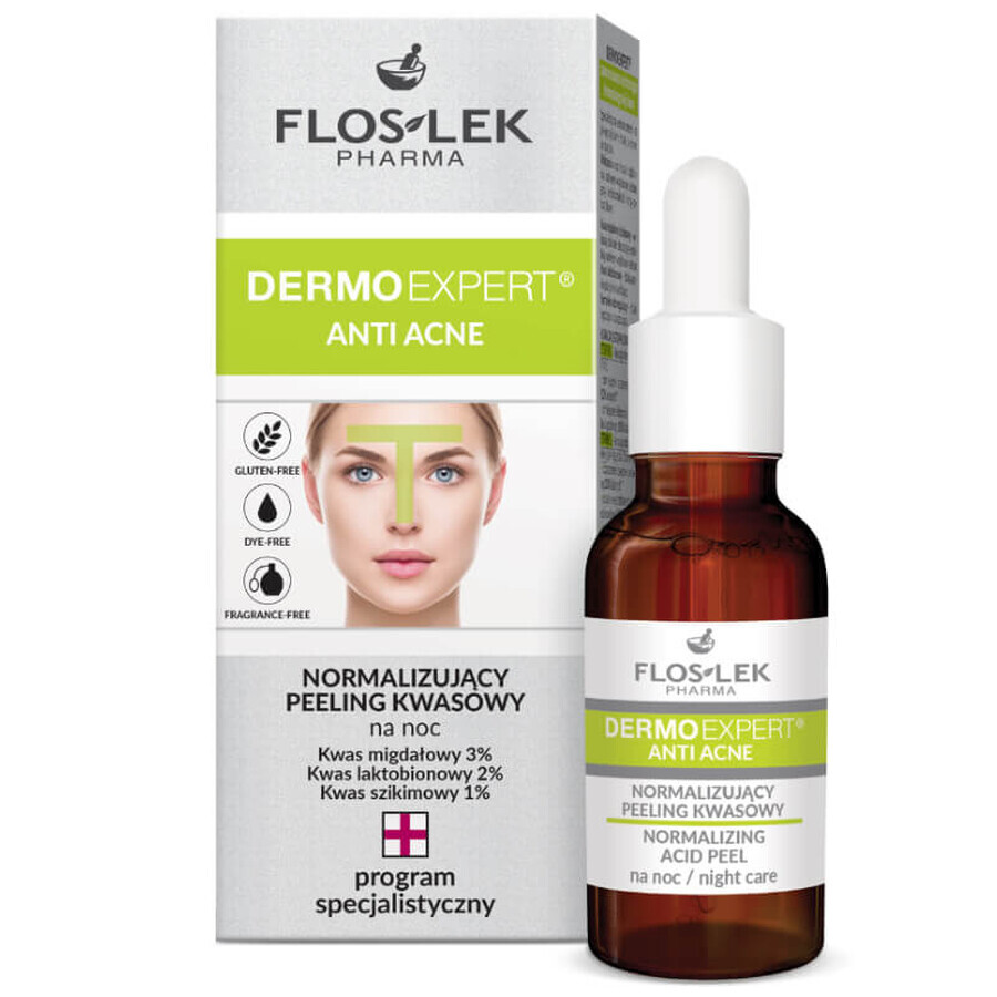 Flos-Lek DermoExpert Anti Acné, peeling ácido normalizante, para la noche, 30 ml