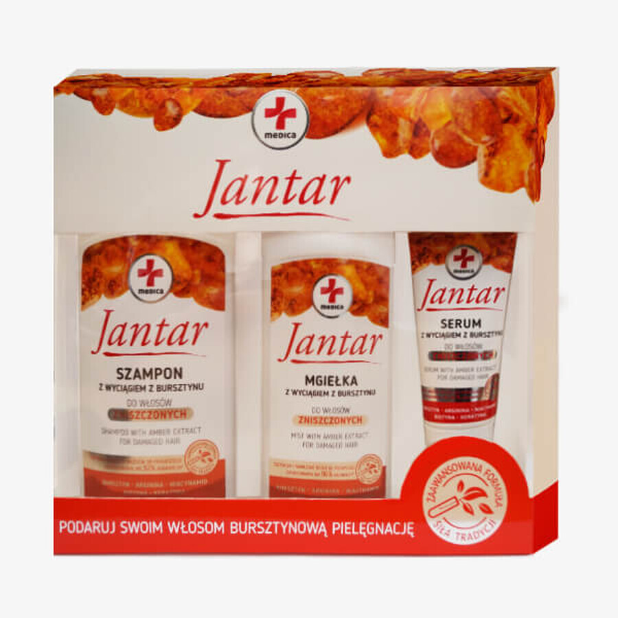 Set Jantar Medica, șampon pentru părul deteriorat, 330 ml + brumă, 200 ml + serum, 30 ml
