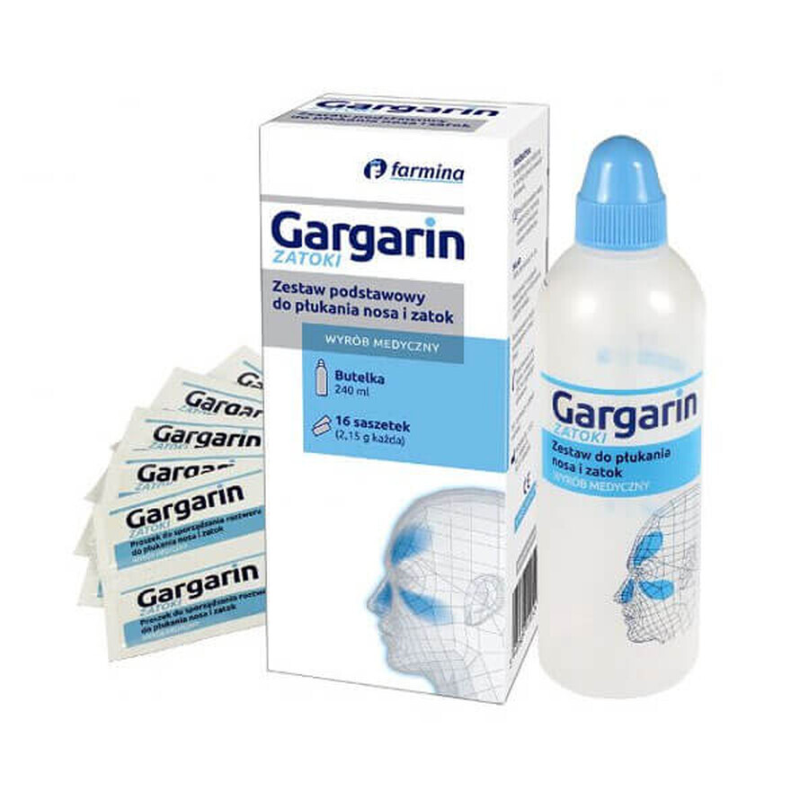 Gargarin, Zestaw podstawowy do pukania nosa i zatok, butelka (irygator) + 16 saszetek