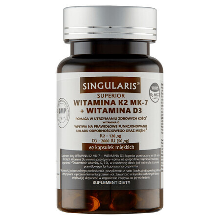 Singuläre Superior Vitamin K2 MK-7 + D3 2000IE 60 Kapseln
