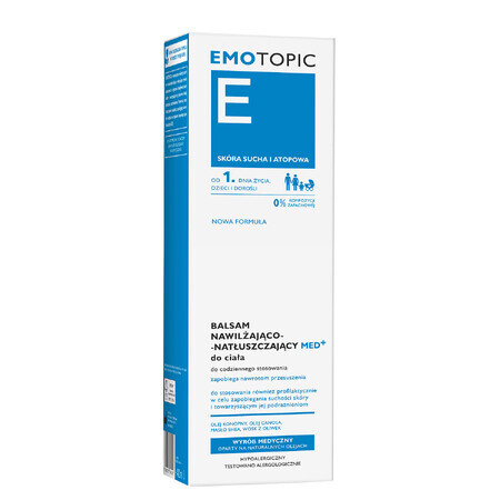 Emotopic E Med+, feuchtigkeitsspendende und fettende Körperlotion, für Erwachsene und Kinder ab dem 1. Tag, trockene und atopische Haut, 400 ml