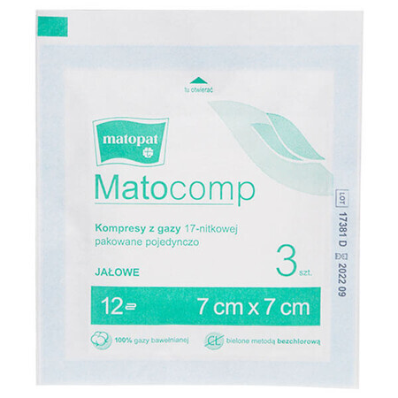 Matopat Matocomp Matocomp, comprese sterile, 100% bumbac, 17 fire, 12 straturi, 7 cm x 7 cm, 3 bucăți
