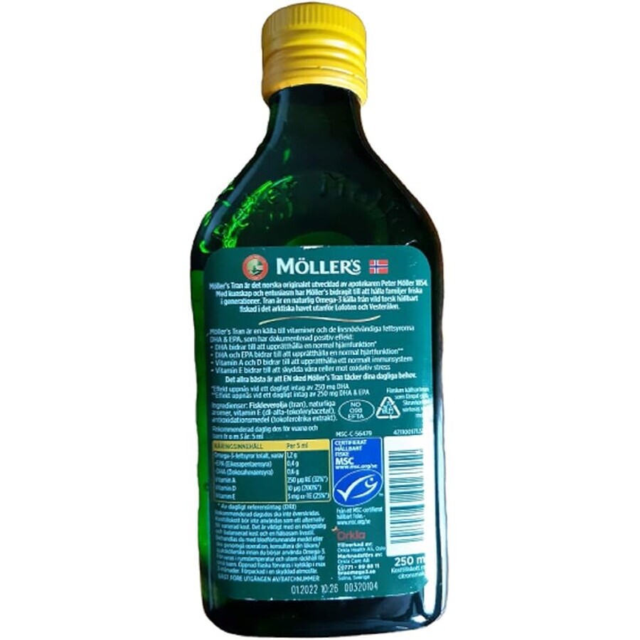 Aceite de pescado noruego Moller's Gold, sabor limón, 250 ml