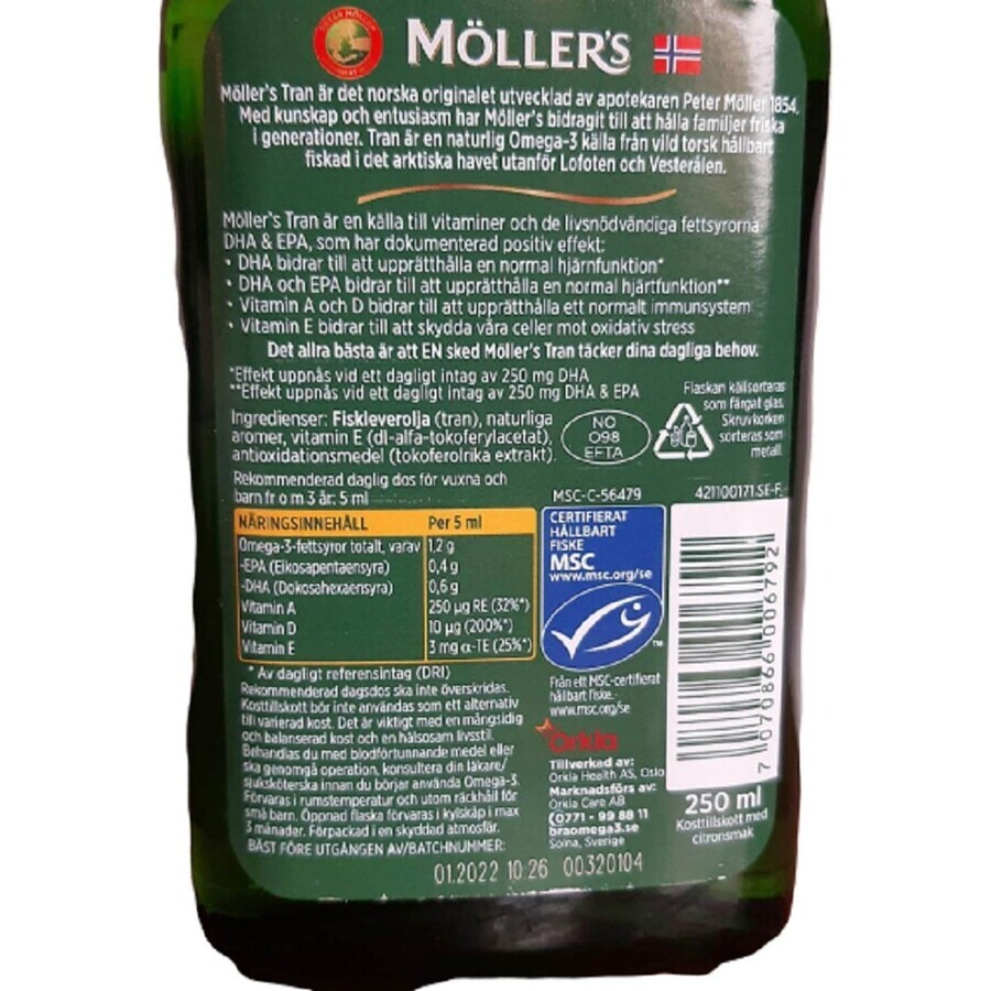 Aceite de pescado noruego Moller's Gold, sabor limón, 250 ml