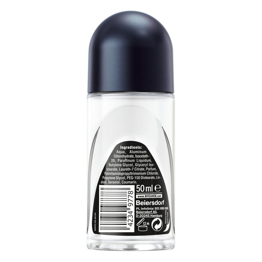 Nivea Men Black & White Invisible, antiperspirant roll-on pentru bărbați, 48h, Fresh, 50 ml