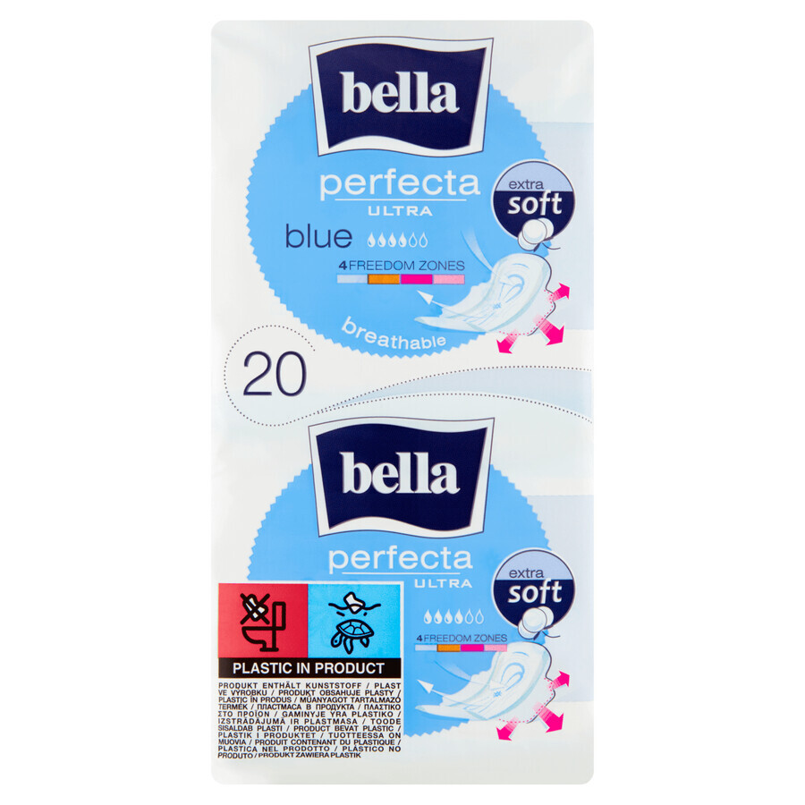 Bella Perfecta Ultra, prosoape sanitare Extra Soft cu aripi, albastru, 20 buc.