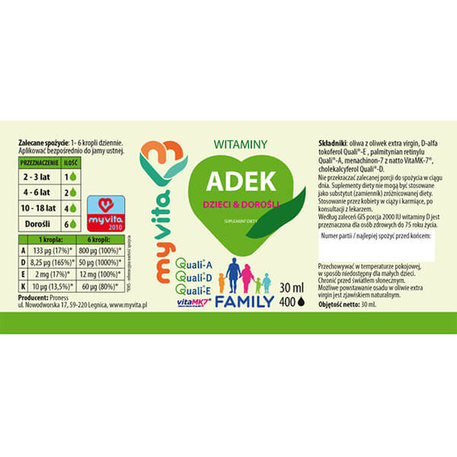 MyVita ADEK Family, picături pentru copii și adulți, de la 2 ani, 30 ml