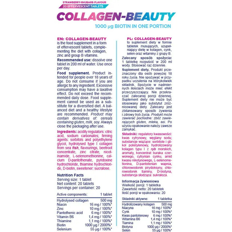 Allnutrition Colágeno-Belleza, sabor fresa-ruibarbo, 20 comprimidos efervescentes