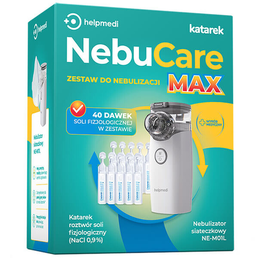 NebuCare Max, set de nebulizare pentru sugari și copii, Helpmedi, nebulizator cu plasă + Katarek, soluție salină NaCl 0,9%, 5 ml x 40 fiole
