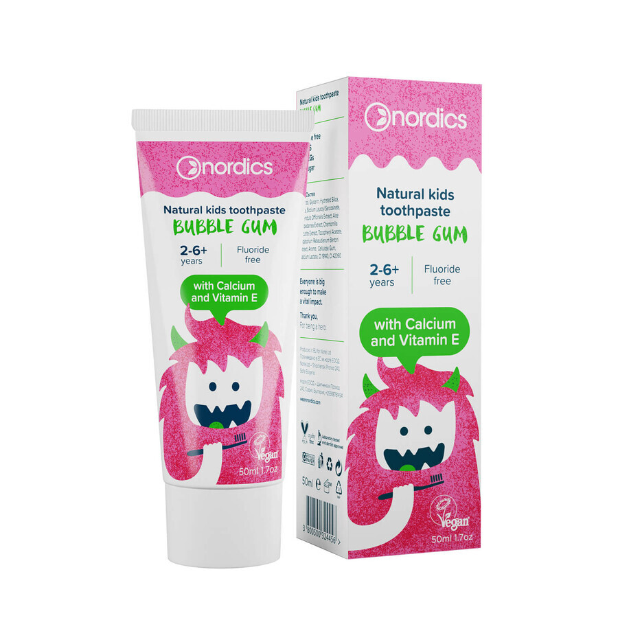 Nordics Bubble Gum, pastă de dinți naturală pentru copii, 2-6 ani, calciu și vitamina E, fără fluor, 75 ml