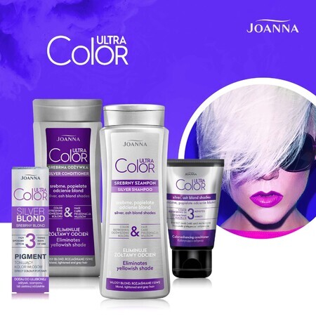 Joanna Ultra Color, champú plateado para cabellos rubios, decolorados y grises, tonos rubio ceniza plateado, 400 ml