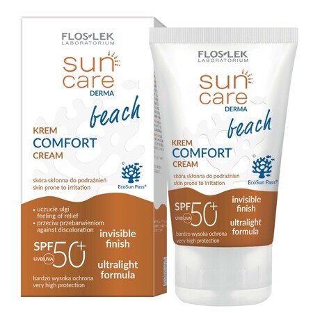 Floslek Sonnenschutz Derma Beach Creme Komfort LSF 50+, 50 mlNeu! Floslek Sonnencreme Derma Beach LSF50+ 50ml - Hoher Schutz für Ihre Haut am Strand, UVA/UVB-Filter, Wasserfest.