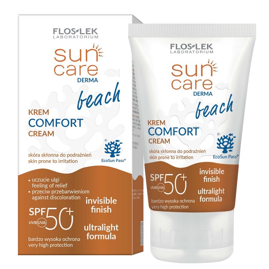 Floslek Sonnenschutz Derma Beach Creme Komfort LSF 50+, 50 mlNeu! Floslek Sonnencreme Derma Beach LSF50+ 50ml - Hoher Schutz für Ihre Haut am Strand, UVA/UVB-Filter, Wasserfest.