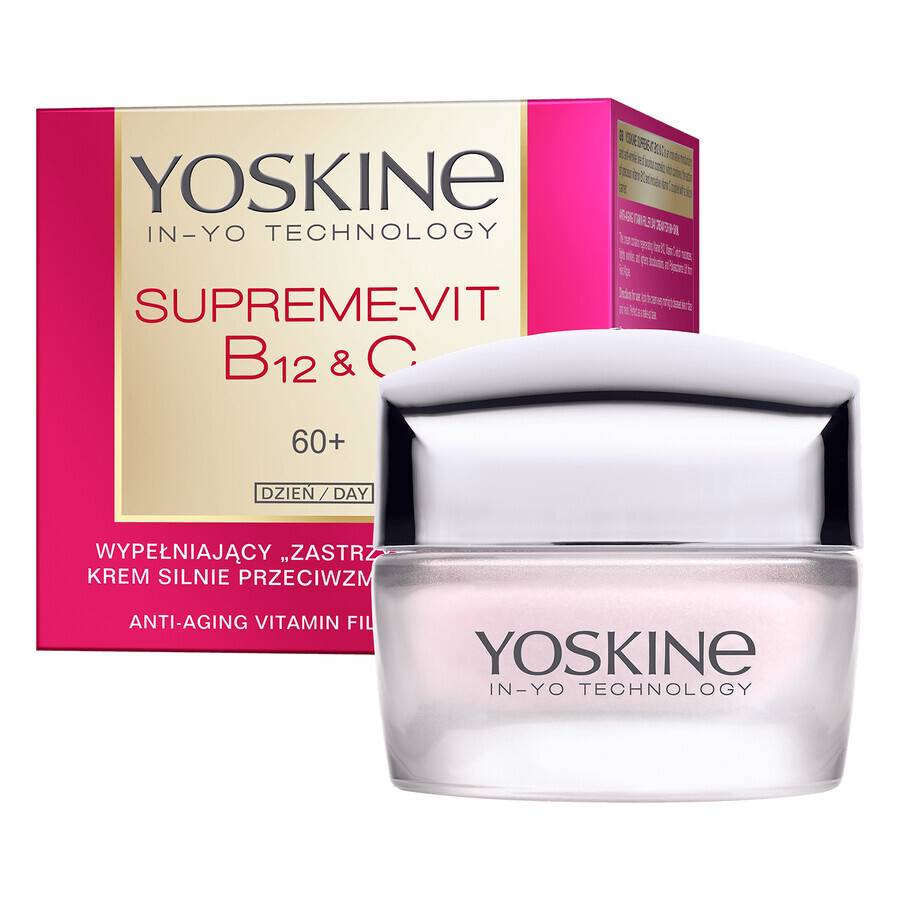Yoskine Supreme-Vit B12 + C Anti-Falten Tagescreme 60+, 50ml. Nährstoffreiche Anti-Aging Tagescreme für die Haut ab 60 Jahren. Mit Vitamin B12 und Vitamin C für straffere, jugendlichere Haut.