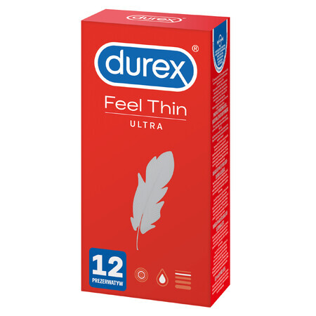 Durex Feel Thin Ultra, prezervative cu mai mult lubrifiant, ultra-subțire, 12 bucăți