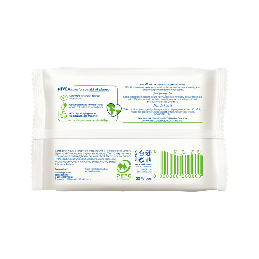 Nivea Biologisch abbaubare Erfrischungstücher zum Abschminken 3-in-1, 25 Stück