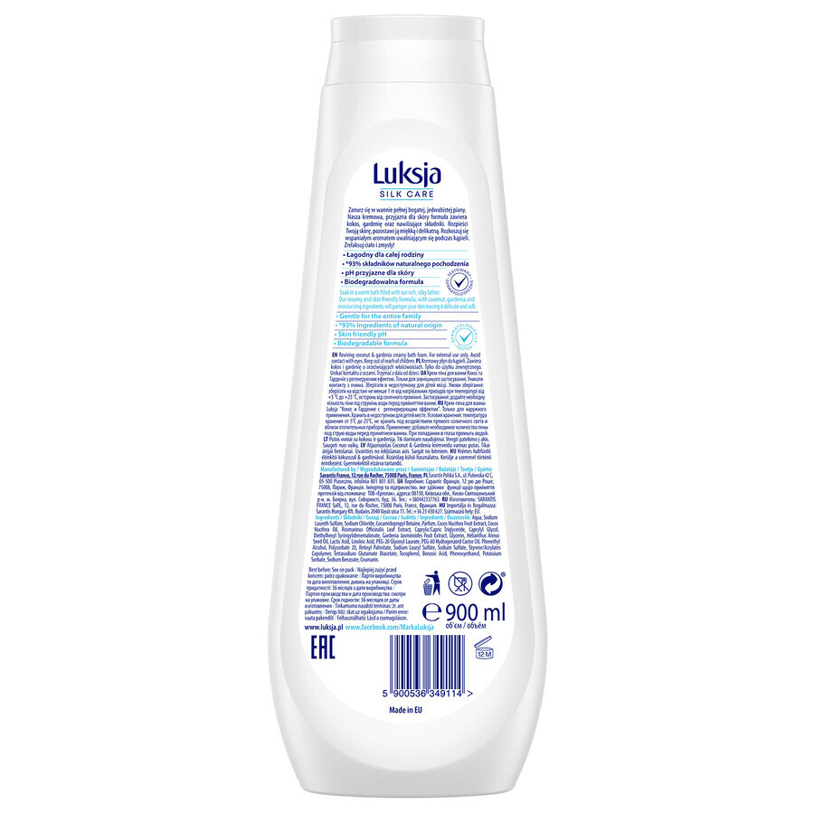 Luxja Silk Care Reviving, loțiune de baie cremoasă, nucă de cocos și gardenia, 900 ml