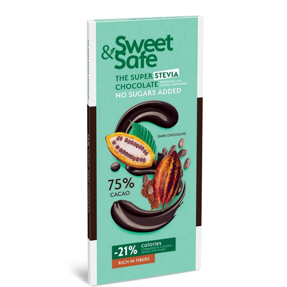 Bittere Schokolade mit natürlichem Stevia-Süßstoff SweetogSafe, 90 g, Sly Nutrition