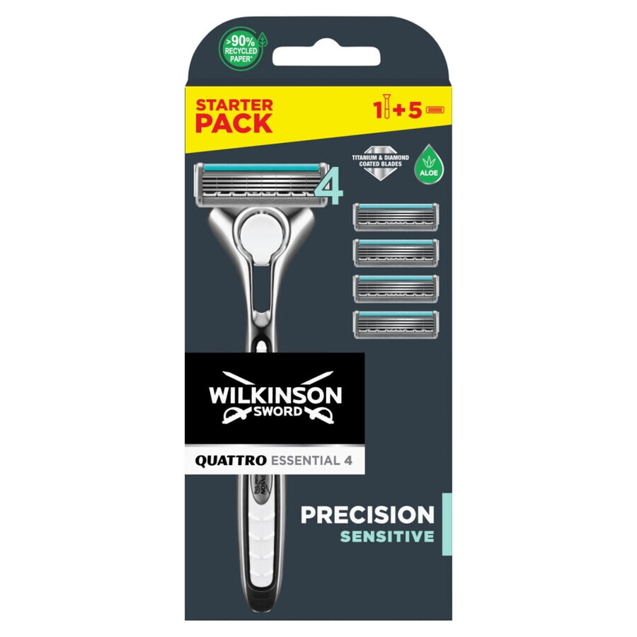 Wilkinson Sword Quattro Titanium Sensitive, Rasiermesser, Griff + 5 Ersatzpatronen