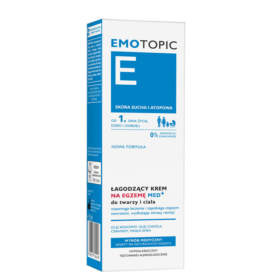 Emotopic E Med+, Cremă calmantă pentru eczeme pentru față și corp, pentru adulți și copii din prima zi, piele uscată și atopică, 75 ml