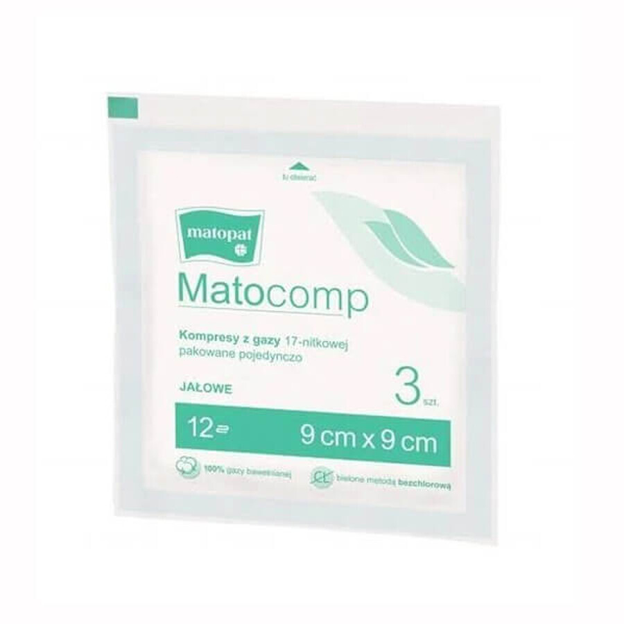 Matopat Matocomp Matocomp, comprese sterile, 100% bumbac, 17 fire, 12 straturi, 9 cm x 9 cm, 3 bucăți
